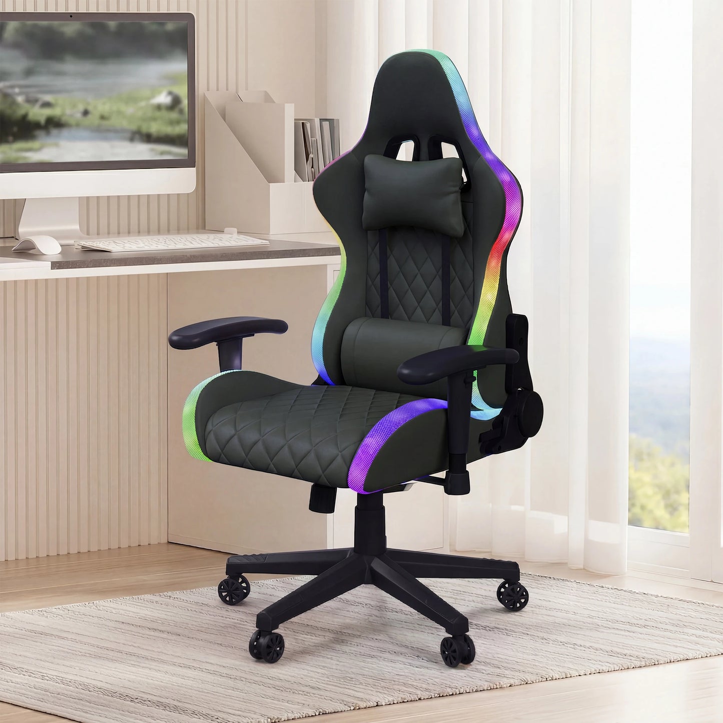 Fangange Gaming Chair with Massage Function, Adjustable backrest,Computer Chair,with ambient light,Lumbar Cushion, Pillow,150 KG