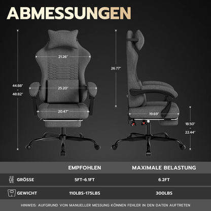 Dark Gray Fabric Gaming Chair, Massage Office Chair with Headrest, Ergonomic Racing Design, Adjustable Footrest, for PC Gamers