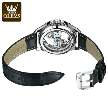 OLEVS 6661 – mekanisk automatisk herrklocka – helt transparent skelettmodell med synligt balanshjul, läderarmband, originell lyxklocka för män