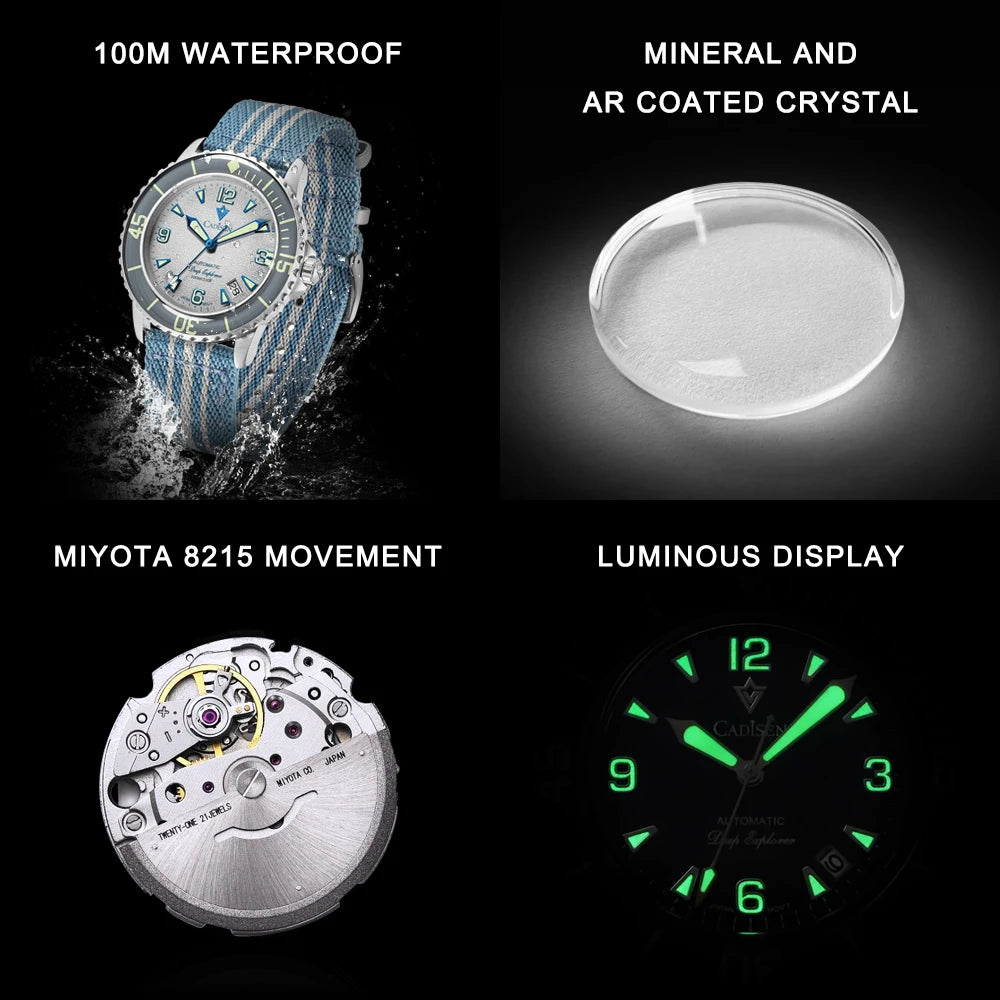 CADISEN Deep Explorer MIYOTA 8215 Automatic Mechanical Watch Man Canvas Strap Wristwatch Luxury Luminous Waterproof Watches