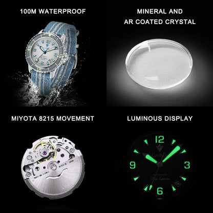 CADISEN Deep Explorer MIYOTA 8215 Automatic Mechanical Watch Man Canvas Strap Wristwatch Luxury Luminous Waterproof Watches