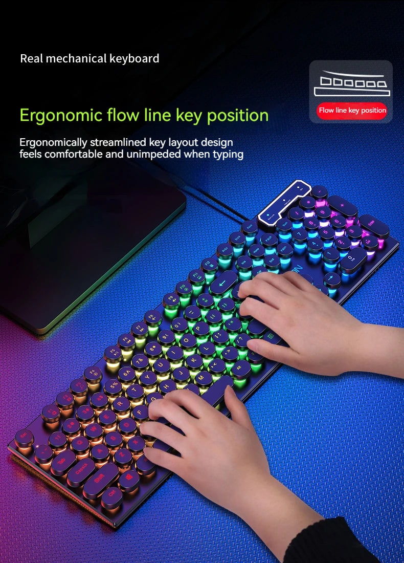 EWEADN GX330 Typewriter Gaming Keyboard, 104 Keys Wired Retro Punk Round Keycaps, with RGB Backlit, for Windows Laptop PC black