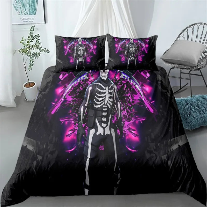 Fortnite-Bettwäsche-Set, 3-teilig, 3D-Druck, Bettwäsche für Schlafzimmer, Gaming-Cartoon-Dekor, Bettbezug und Kissenbezug, Geburtstagsgeschenk