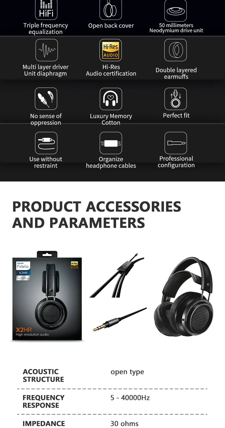 Original Philips X2HR Fidelio HiFi Stereo Head-mounted Headphones Comfort Music Wired Headset Computer Monitor Gaming Earphones