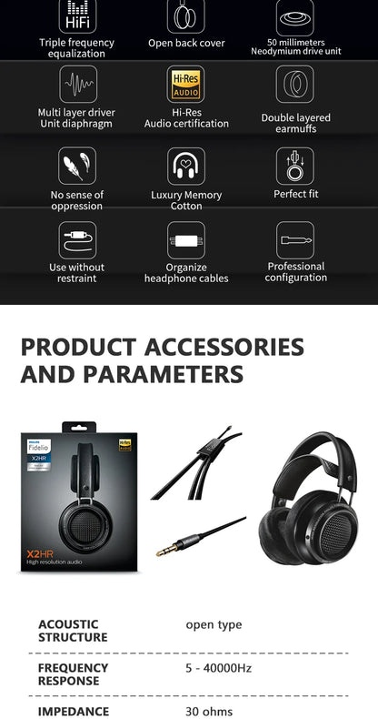 Original Philips X2HR Fidelio HiFi Stereo Head-mounted Headphones Comfort Music Wired Headset Computer Monitor Gaming Earphones
