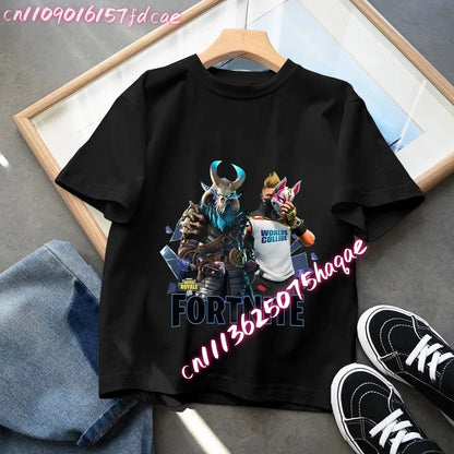 Fortnites Kids Black Cotton T-Shirt Fortress Night Baby Short Sleeve Tees Shirt Cartoon Boy Girl Summer Clothes Kawaii Tops Gift