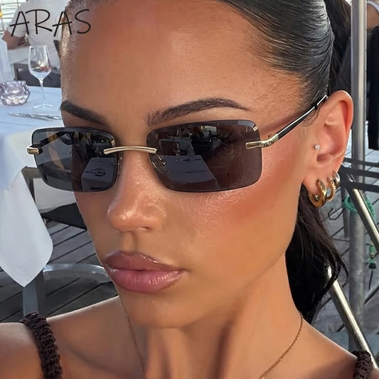Rimless Rectangle Sunglasses Women 2026 Luxury Designer Fashion Retro Metal Sun Glasses Trendy Y2K Shades Small Frame Eyewear