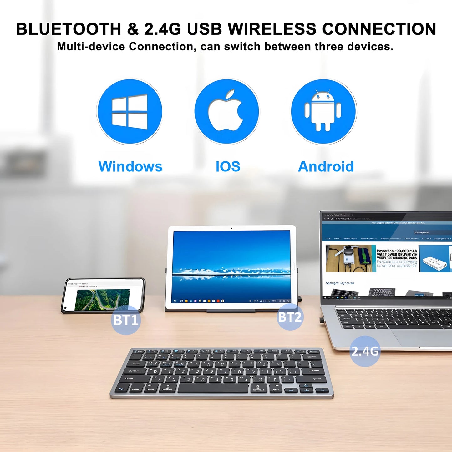 Ultra Slim Hebrew Bluetooth & 2.4G Dual Mode Keyboard Israel Wireless Keyboard Low noise for iOS iPad Android Tablets Windows
