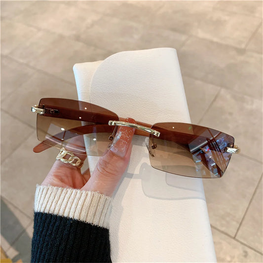 Rectangle Fashion Rimless Sunglasses for Women Men Gangster 90s Frameless Shades Retro Vintage Trendy Wooden Frame Eyewear