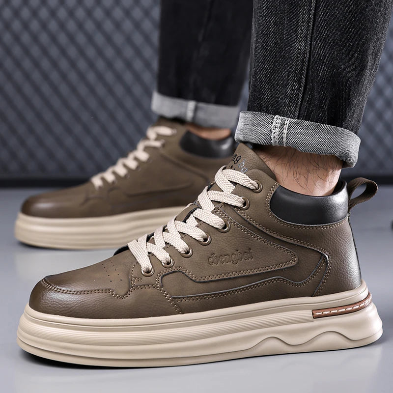 2026 New Mens Genuine Leather Walking Shoes Fashion Outdoor Thick Bottom Antiskid Vulcanized Shoes Comfy Casual Leather Flats