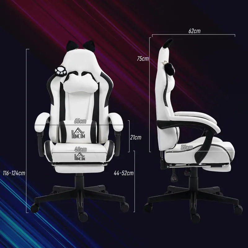 Cute Cat Shaped Gaming Chair with Removable Cat Ears and Paws,Retractable Footrest, Lumbar Head Support, 360° Swivel Gamer Chair