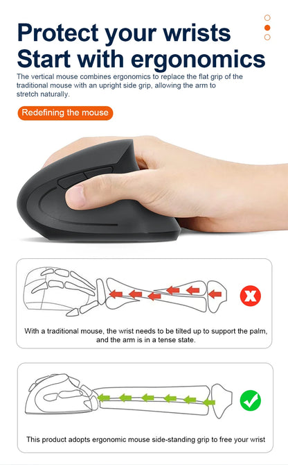 2.4G Bluetooth Wireless Vertical Mouse Rechargeable Ergonomic 1600DPI Adjustable Gaming Mouse 6Buttons for Laptop PC Computer