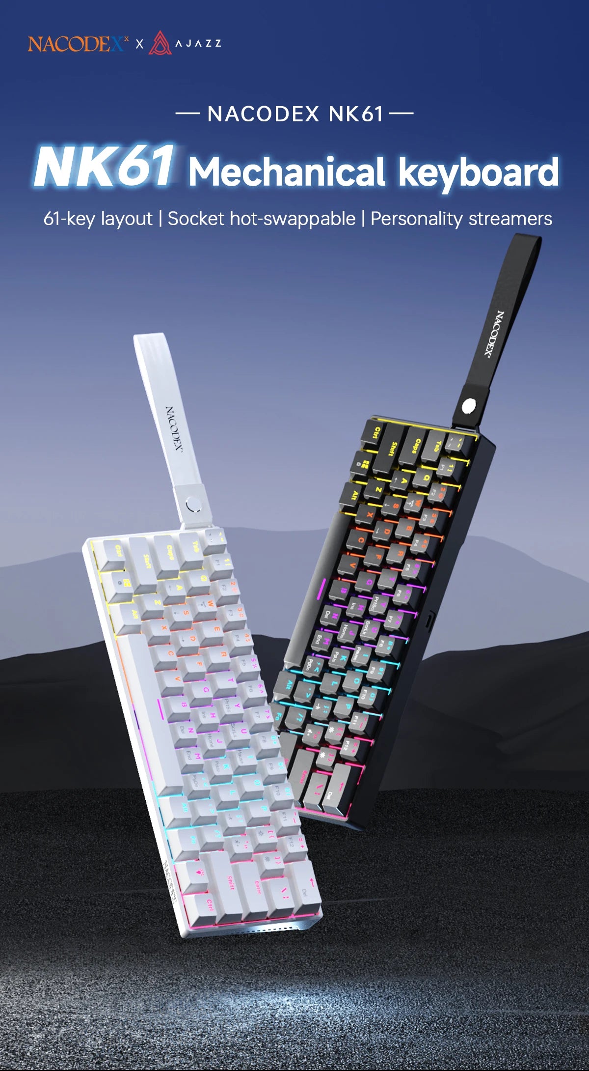 AJAZZ NK61 Wired 61-Key Gaming Mechanical Keyboard 60% RGB Lighting Hot-Swappable Red Switches 61 Keys Suitable for Gamers