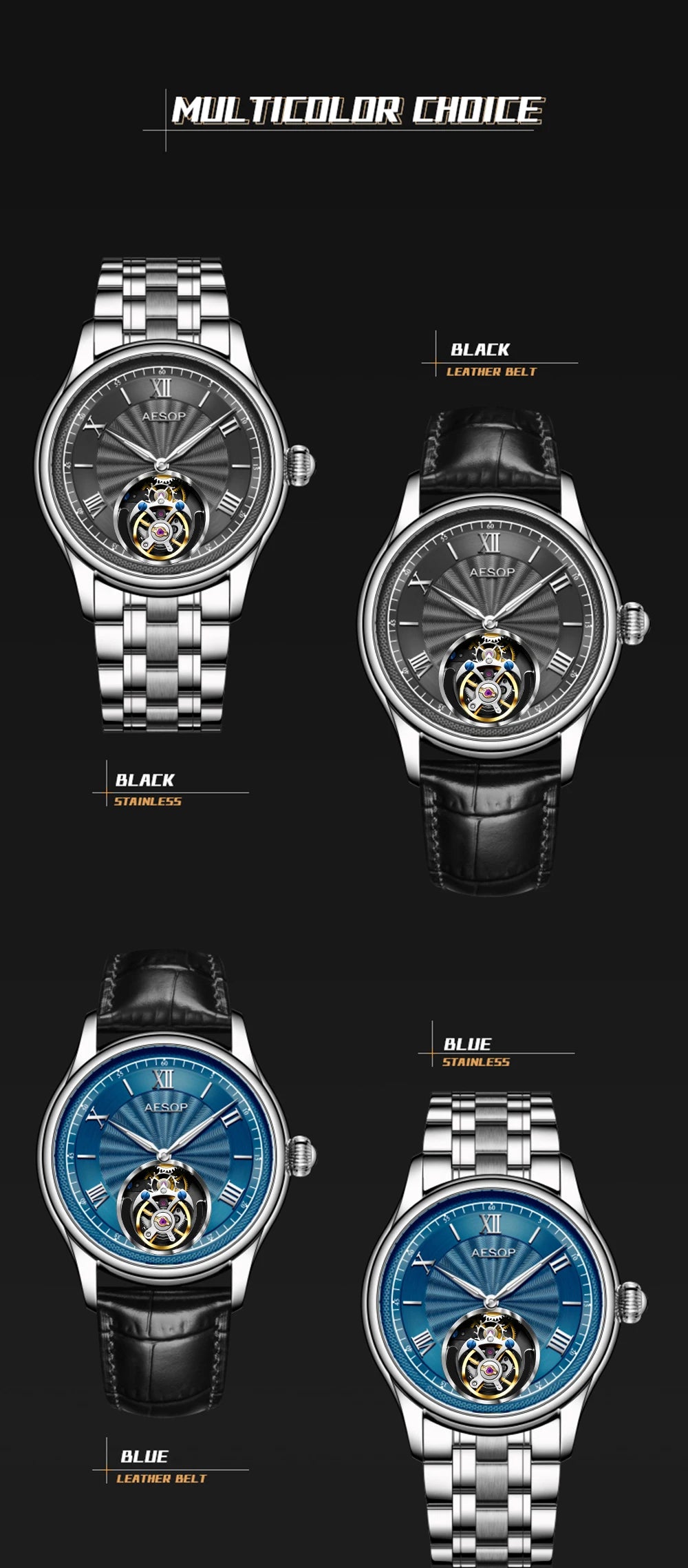 AESOP Mens Mechanical Wristwatches Flying Tourbillon Movement Skeleton Watch for Men Man Luxury Clocks Real Tourbillon Watch
