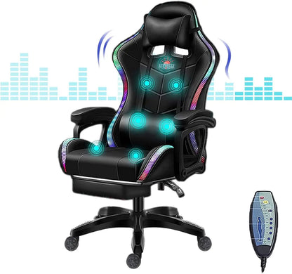 RGB Gaming Chair Ergonomic Massage High Back with Speakers And LED Light 90°-135° Adjustable PU Leather for Video Game E-Sport