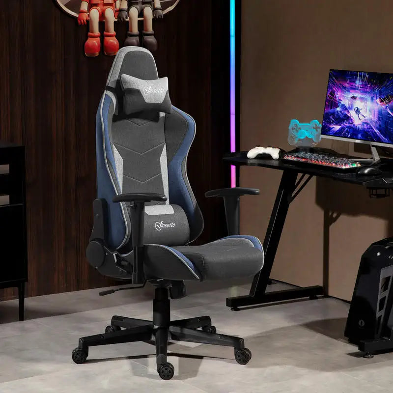 Gaming Chair Reclining 150 °   With Rocking Function, in Linen Effect Fabric, 66X53X128-138 Cm, Gray