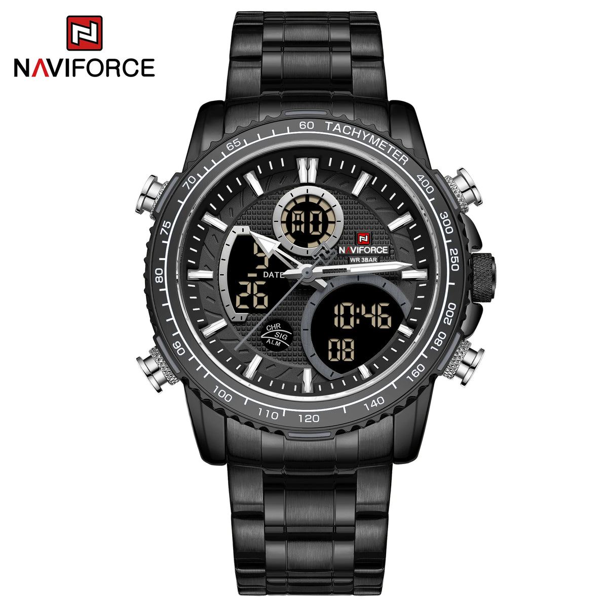NAVIFORCE sportklocka för män – Original lyxig armbandsur i rostfritt stål, vattentät militärmodell med dubbla displayer