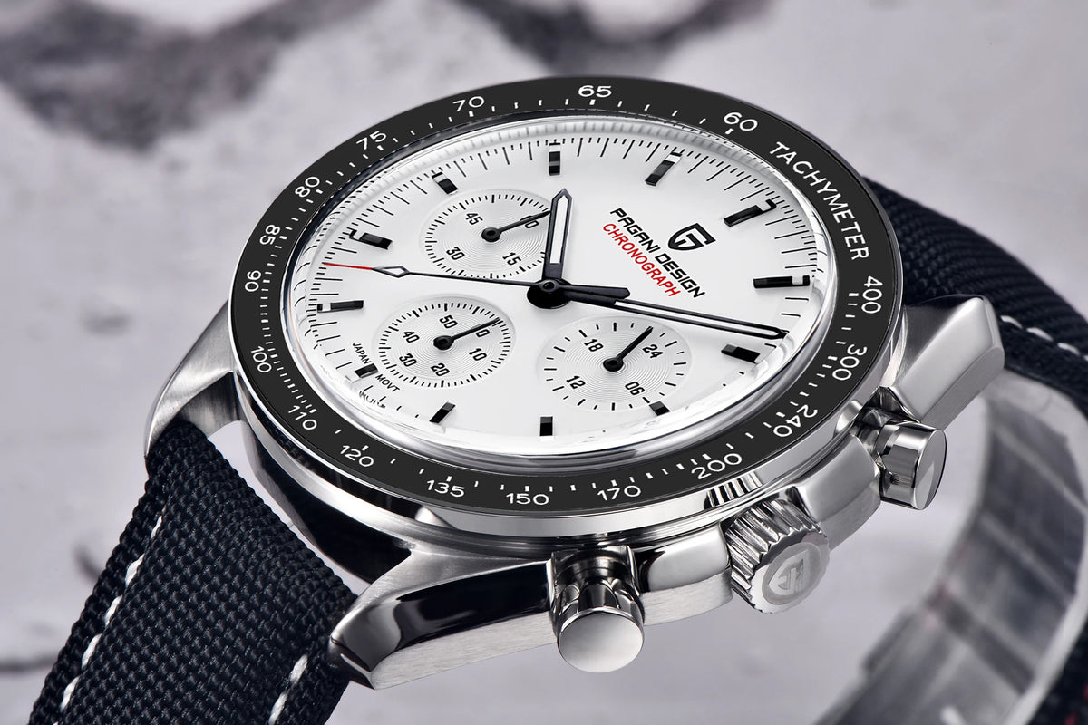 Montre pour homme PAGANI DESIGN (nouveau modèle V5 PD1701) – Chronographe sportif de type « Speed » à quartz, verre saphir avec traitement antireflet, étanche jusqu'à 100 mètres.