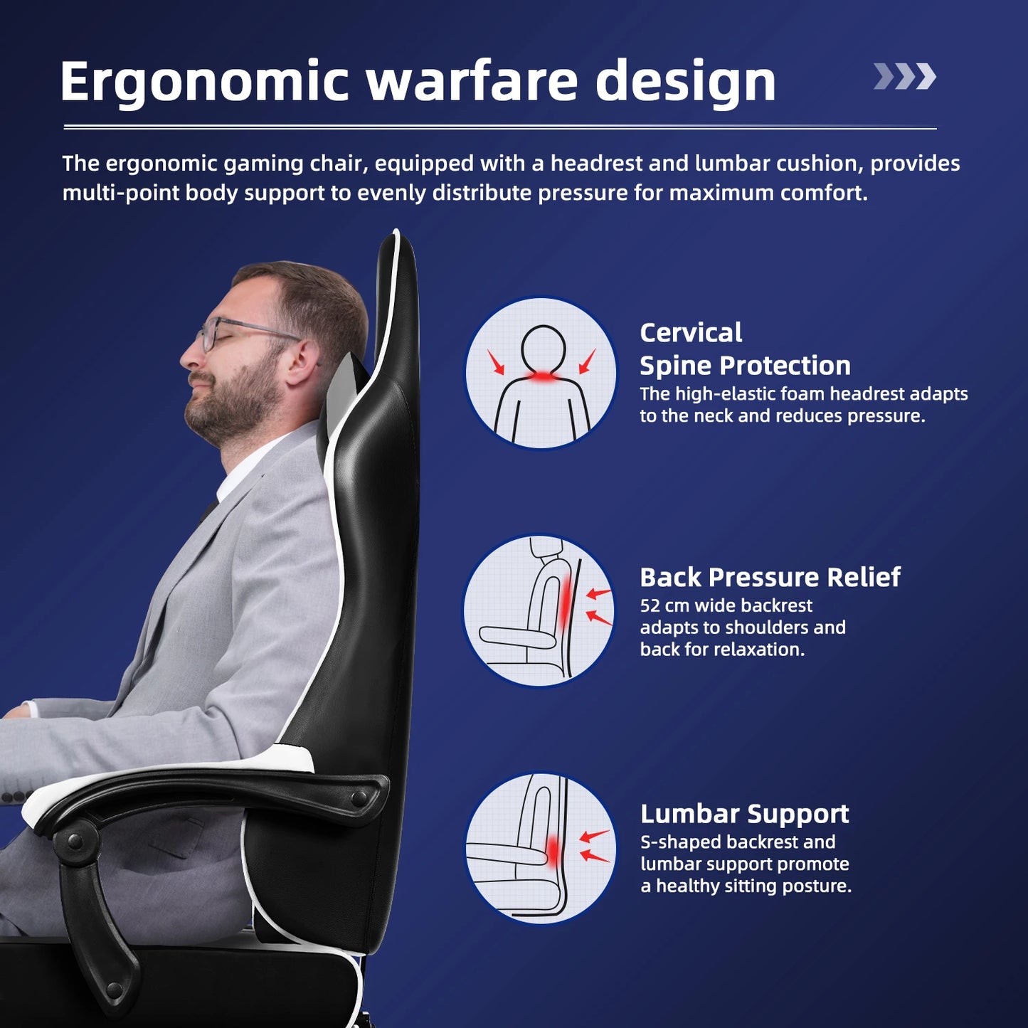 AUTHMIC Gaming Chair Ergonomic Reclining Office Chair with Adjustable Lumbar Support & Headrest  High-Back PC Gamer Adults Teen