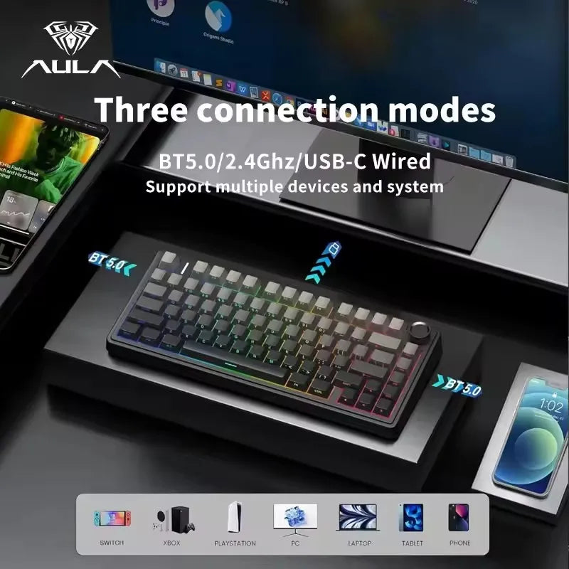 AULA F75 Gaming Mechanical Keyboard RGB 75% Layout Side-engraving Customized Gasket Mounted 80 key PBT Keycaps Wireless keyboard