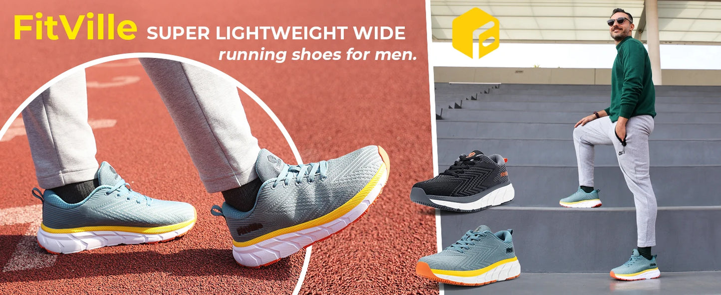 FitVille-schoenen met brede teenruimte voor heren, goed gedempte extra brede schoenen, antislip, breed, lichtgewicht en ademend, voor hardlopen