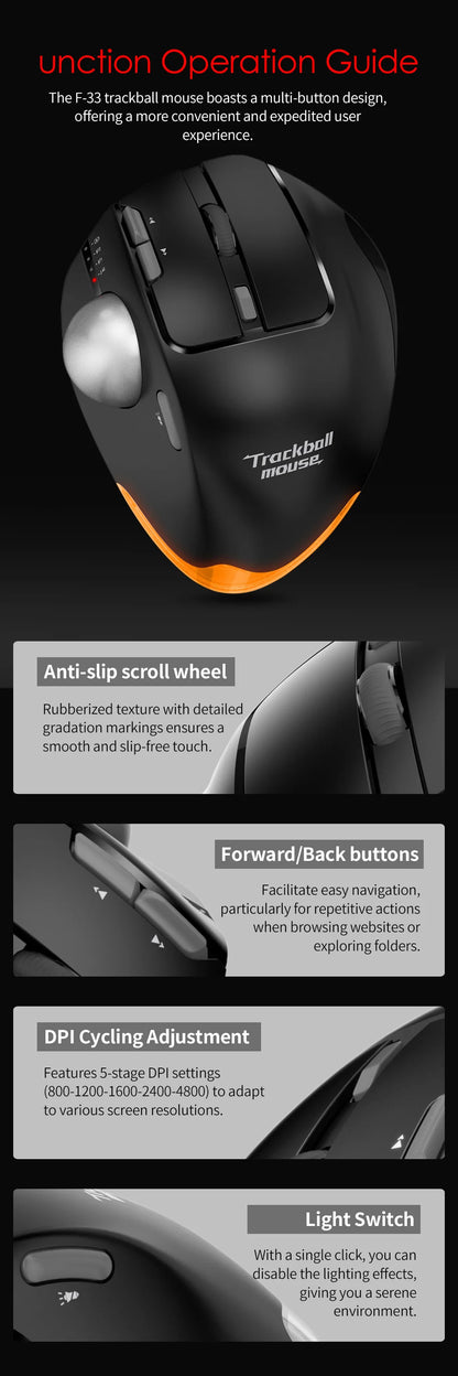 Lefon F33/F26C/F35B Trackball Mouse/Bluetooth Ergonomic Mouse 2.4G Wireless Rechargeable Rollerball Mice for PC Office Drawing