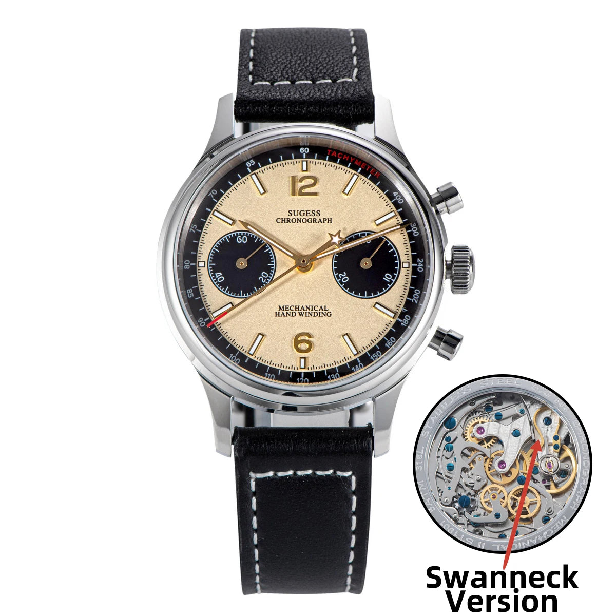 Sugess 1963 Pilot Watch Men Mechanical Chronograph Panda Wristwatch Air Force Sapphire Waterproof for Seagull Movement ST1901 v3