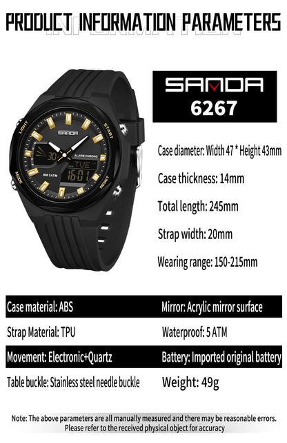 Fashion SANDA 6267 Men's Electronic Watch Multifunctional Operation Night light waterproof Dual Display Student Electronic Watch