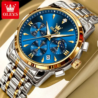 OLEVS 3639 Top Brand Original Luxury New Quartz Watch Stainless Steel Watch For Men Waterproof Luminous Moon Phase Mens Watch