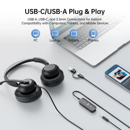 EKSA H8 Professional Office Headset with ENC Noise Cancelling Microphone – USB-A, USB-C & 3.5mm Wired Headphones for PC, Laptop & Mobile Phone