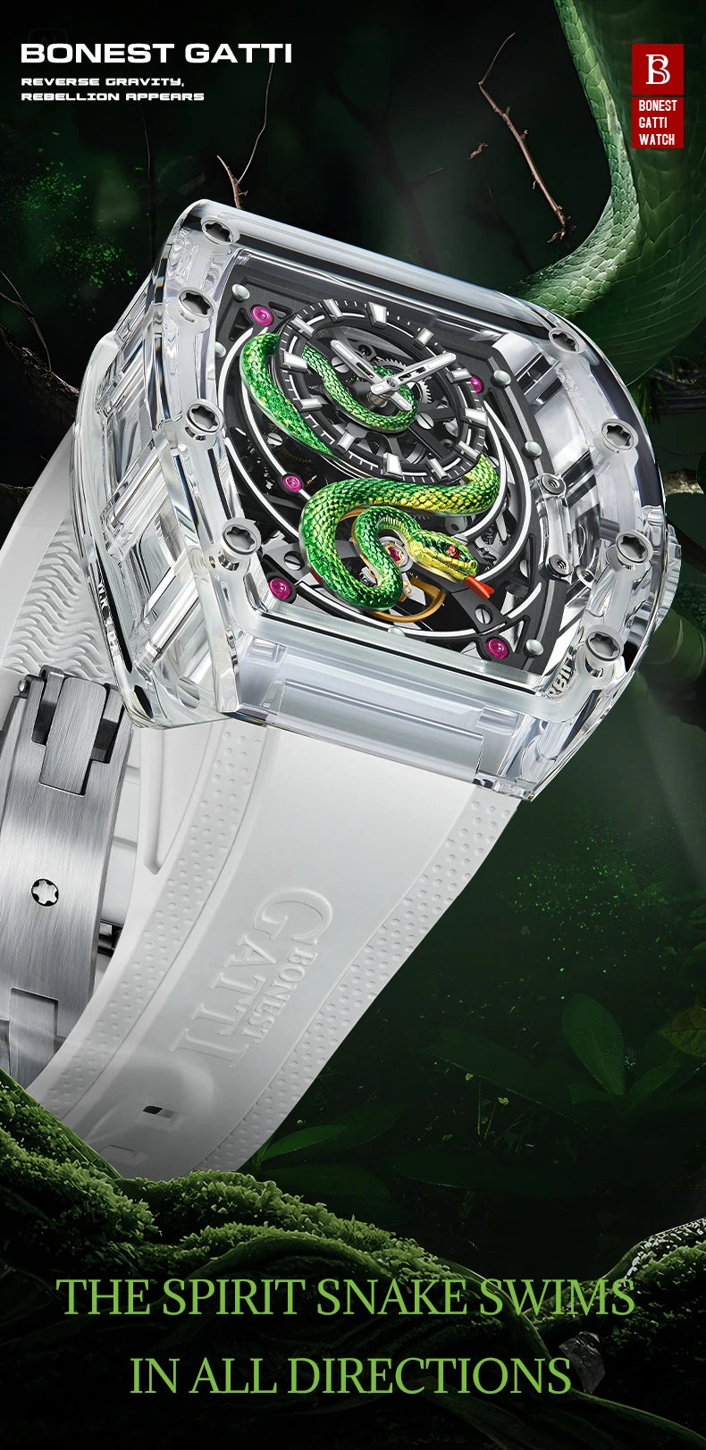 BONEST GATTI Men Mechanical Watch Sapphire Crystal Double Sided Hollow Out Luminous 30M Waterproof Snake Pattern Dial Wristwatch