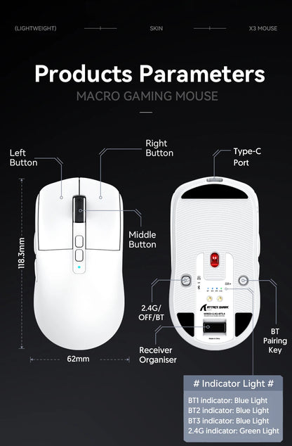 ATTACK SHARK X6 Tri-mode Gaming Mouse with Magnetic Charging Dock, PixArt PAW3395 Sensor, 26K DPI, 49g Ultralight, for PC/Mac