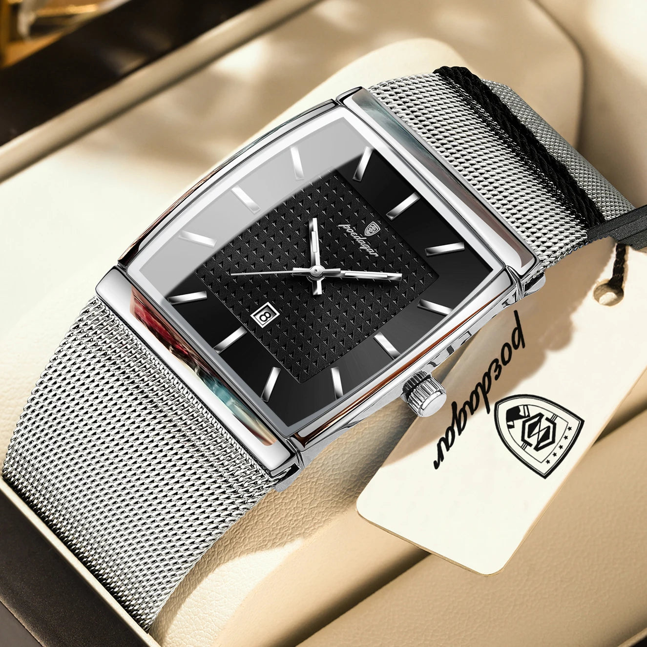 POEDAGAR Top Luxury Men Watch Stainless Steel Mesh Date Waterproof Luminous Man Wristwatch Casual Rectangle Quartz Men's Watches