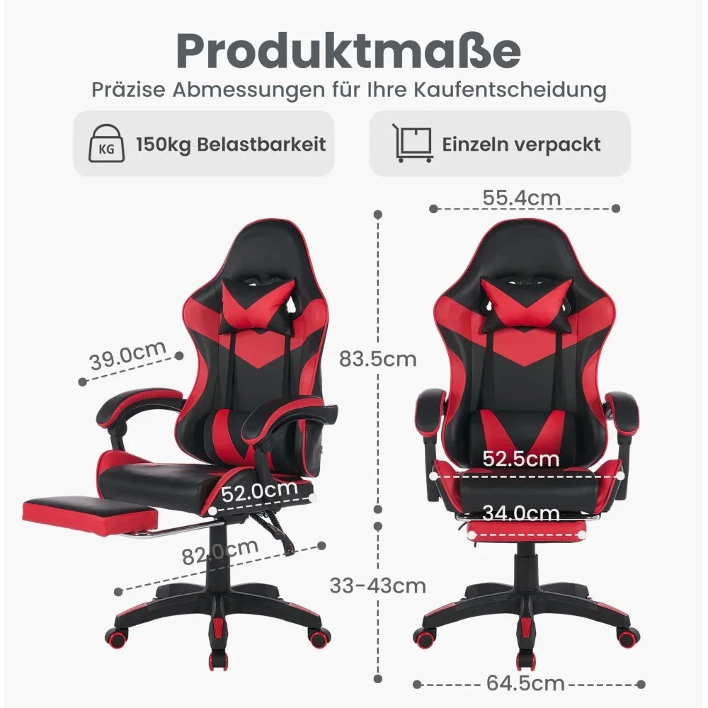 360 ° - Swivel Ergonomic Racing Design Gaming Chair Leather, Headrest and Lumbar Support for Office and Gaming - Black&Red