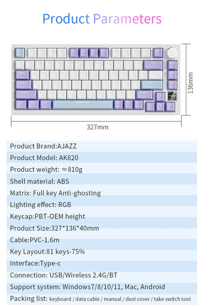 AJAZZ AK820  Mechanical Keyboard 70% Compact Layout/RGB Lighting/Hot-swappable Switches,with Wired,Wireless,and Bluetooth
