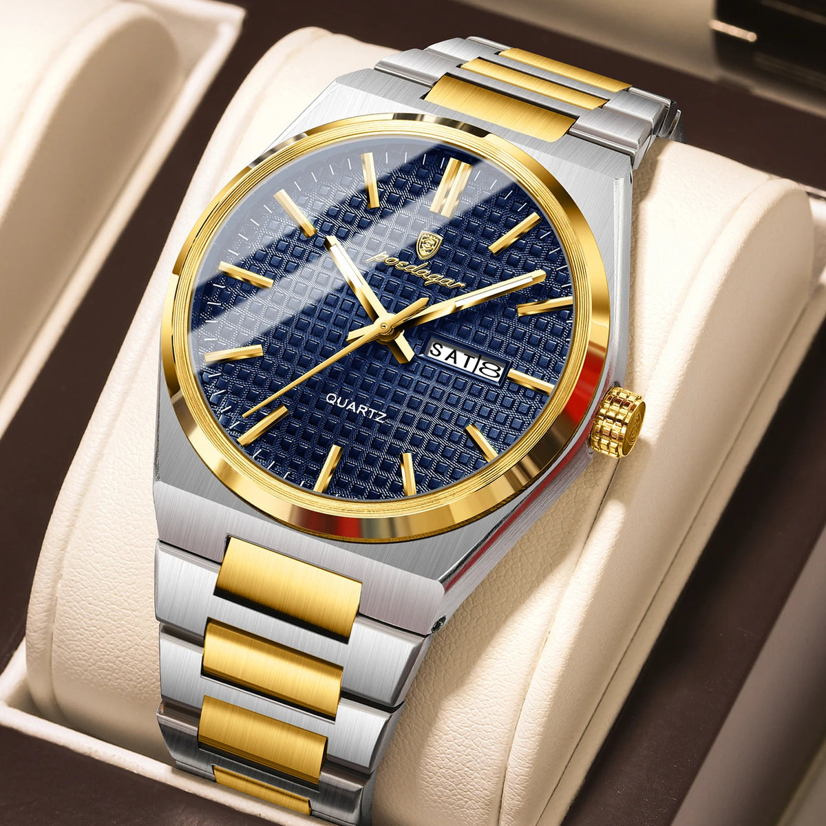 POEDAGAR luxury men’s wristwatch, water-resistant, luminous, stainless steel, with date and day of the week, quartz movement, business style.