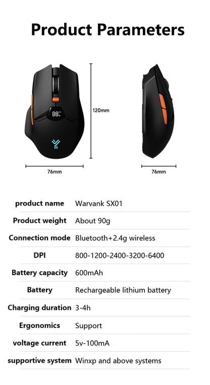 Warvank SX01 Wireless Gaming Mouse Smart Screen Display 6-speed DPI Adjustment 600mAh Rechargeable Silent Office Bluetooth Mouse
