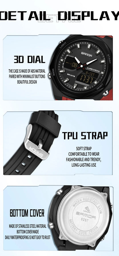 Fashion SANDA 6267 Men's Electronic Watch Multifunctional Operation Night light waterproof Dual Display Student Electronic Watch