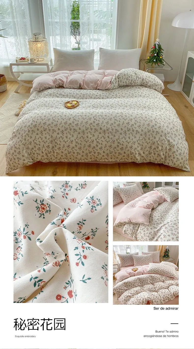 2025 new 3-piece cartoon heart-shaped plant floral print set, a duvet cover and a pair of pillowcases (no padding)