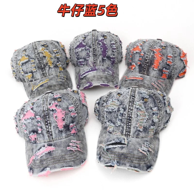 Vintage Washed Distressed Denim Colorful Baseball Cap for Men Women, Fashion Two-Tone Ripped Sun Protection Visor Hat Trendy