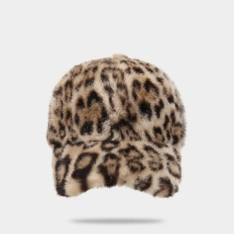 Casquette de baseball imprimé léopard pour femme, en fausse fourrure douillette, chaude pour l'hiver, casquette vintage d'extérieur à visière rabattable pour femme