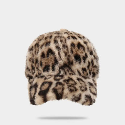 Casquette de baseball imprimé léopard pour femme, en fausse fourrure douillette, chaude pour l'hiver, casquette vintage d'extérieur à visière rabattable pour femme