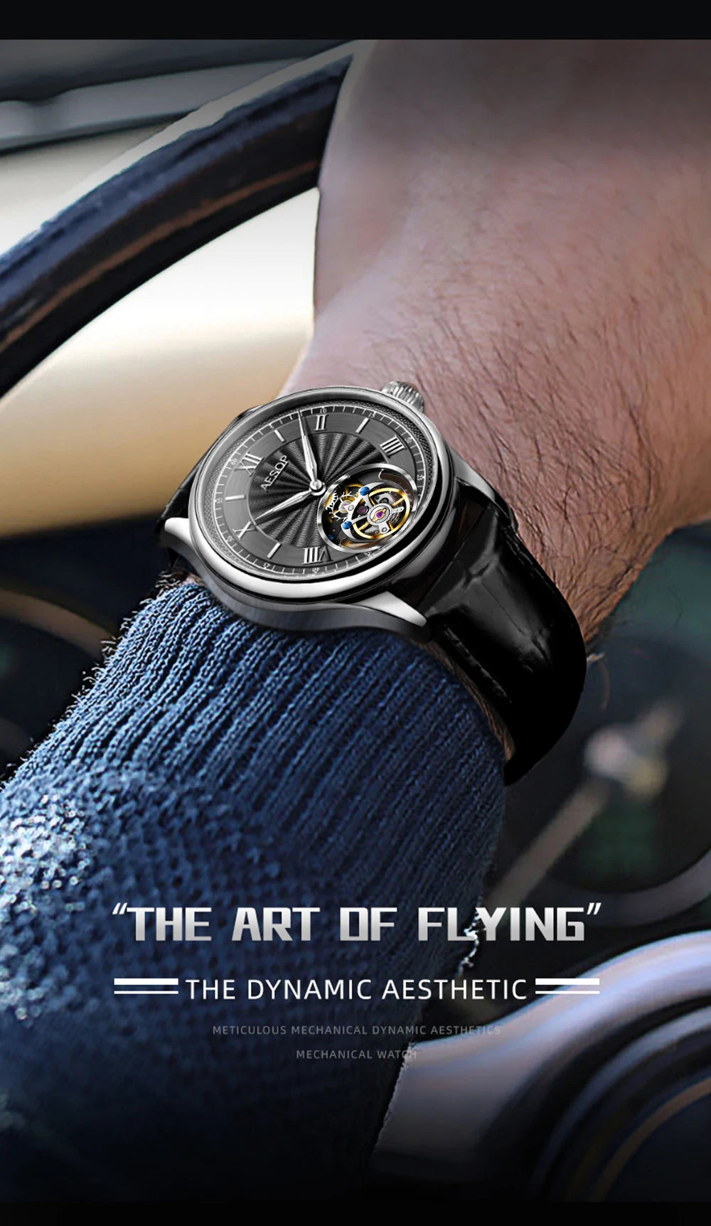 AESOP Mens Mechanical Wristwatches Flying Tourbillon Movement Skeleton Watch for Men Man Luxury Clocks Real Tourbillon Watch