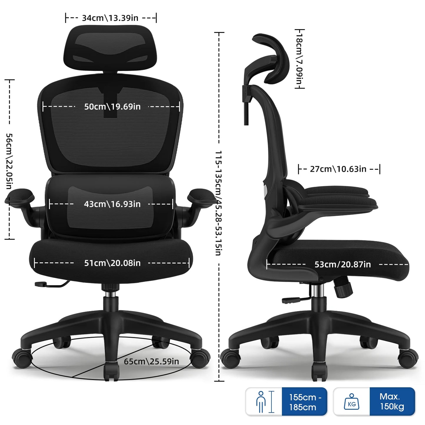 Daccormax office chair ergonomic, Desk chair, 150kg capacity, adjustable headrest and armrests, Computer chair with lumbar support
