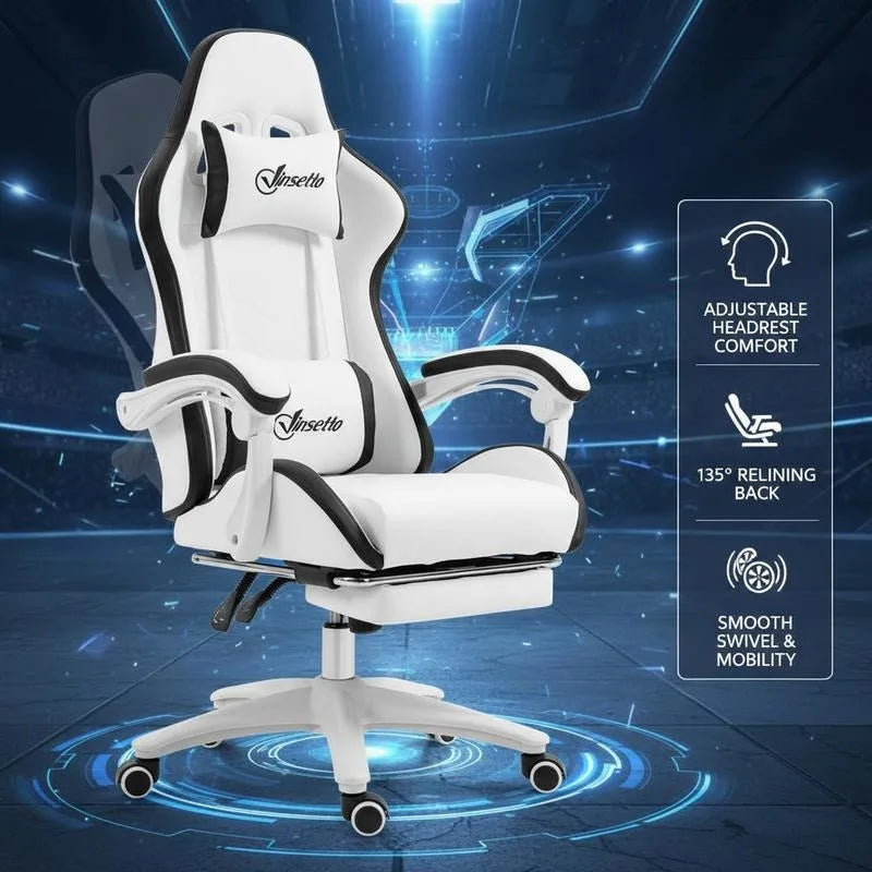 Leather Gaming Chair 135° Reclining with Retractable360° Swivel Height Ergonomic White Contrast Edge Office Chair 120KG Capacity
