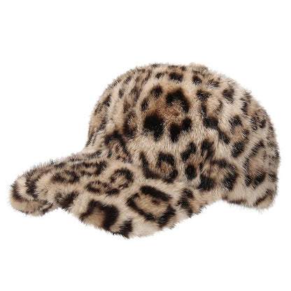 Casquette de baseball imprimé léopard pour femme, en fausse fourrure douillette, chaude pour l'hiver, casquette vintage d'extérieur à visière rabattable pour femme