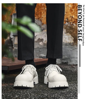 Thick Sole Casual Genuine Leather Dress Shoes Men Platform Heighten Japan Harajuku Korean Streetwear Fashion Shoes White