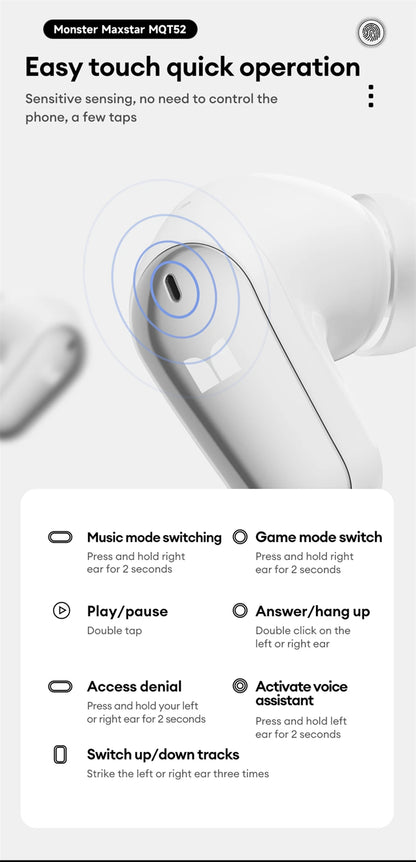 Monster MQT52 Wireless Bluetooth 5.4 Earphones Long Battery Life Gaming Headphones Dual Mode HIFI Stereo Sound Headset With Mic
