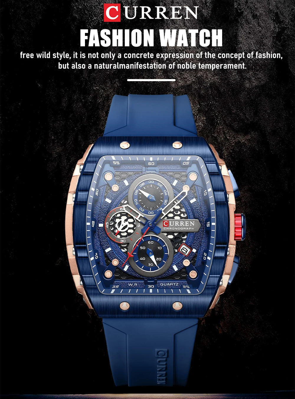 CURREN Tonneau Dial Sport Watch for Men Fashion Waterproof Quartz Wristwatch with Auto Date Yellow Silicone Strap Luminous
