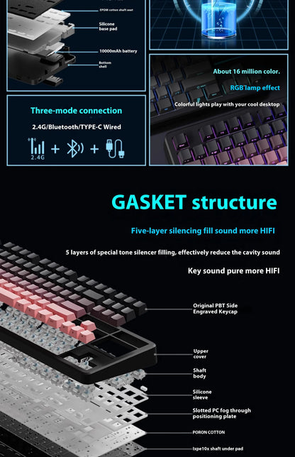 EWEADN X87 Pro Ergonomics Keyboard Mechanical Kids Side Engraving Wireless Bluetooth Triple Gaming 2.4G RGB 87 Layout Customized